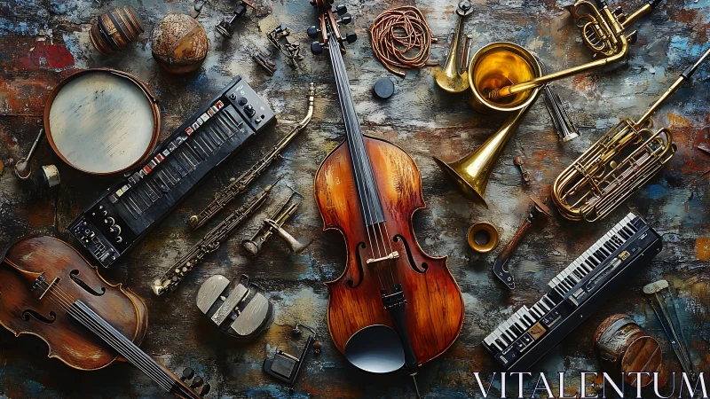 Mixed acoustic and electronic instruments on textured studio floor