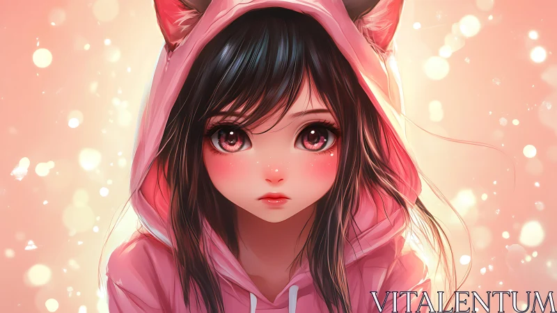 Pink hooded girl with cat ears in soft bokeh lighting.