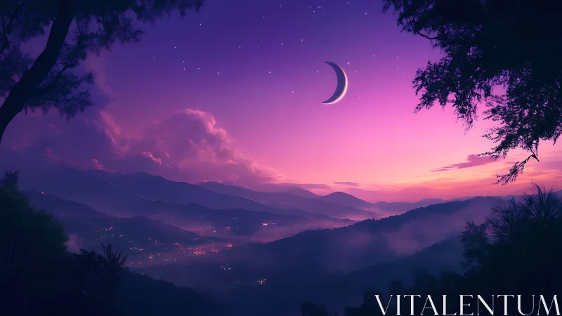 Crescent moon over misty violet mountains in digital dusk