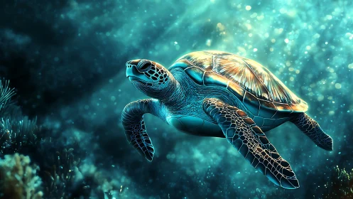 Sea turtle glides through glowing turquoise ocean depths