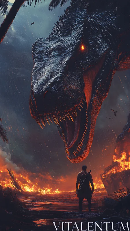 Warrior confronts colossal fiery-eyed dinosaur in inferno.