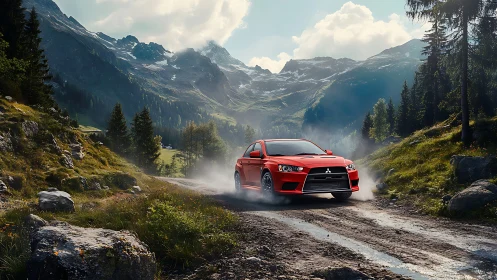 Red rally car powers through rugged alpine dirt trail.
