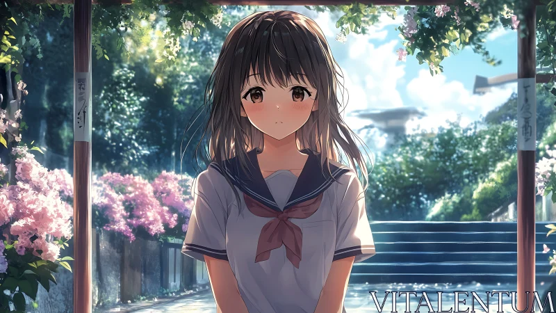 Sunlit schoolgirl beneath floral arbor in soft anime style.
