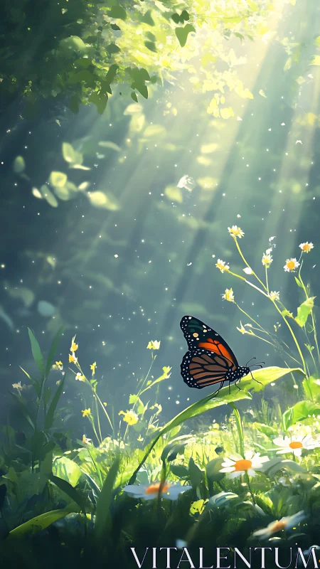 Digital painting of butterfly in luminous woodland glade.