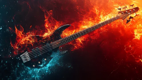 Electric bass intersects blue water and orange fire fields diagonally