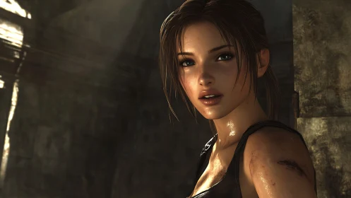 Adventurous heroine pauses in dusty, golden-lit ruins