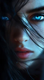 Close portrait captures glowing blue eyes behind dark hair
