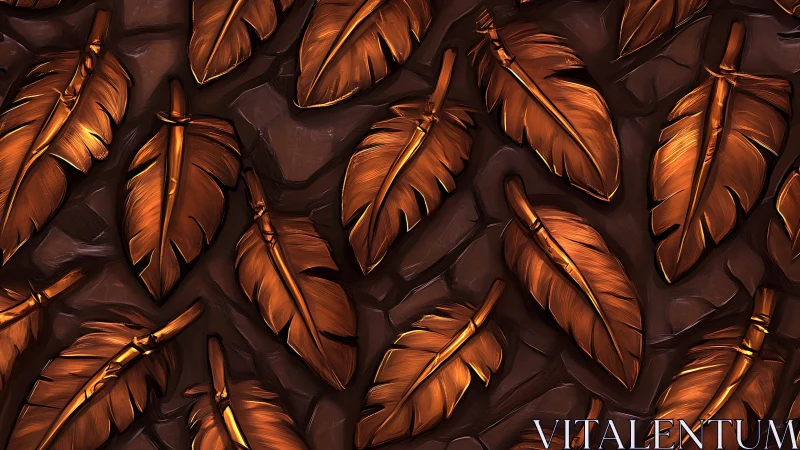 Copper feather pattern over dark stone relief background.