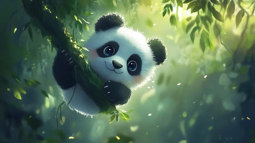 Playful baby panda peeking from a sunlit forest branch.