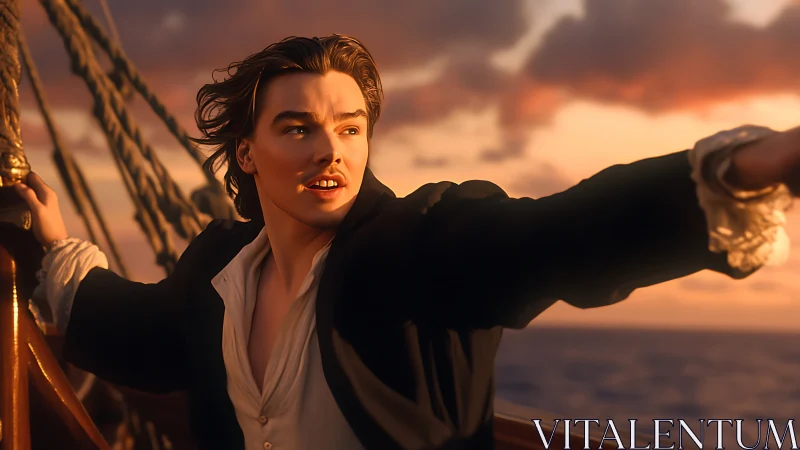 Sunset-struck dreamer leaning into the wind at sea.