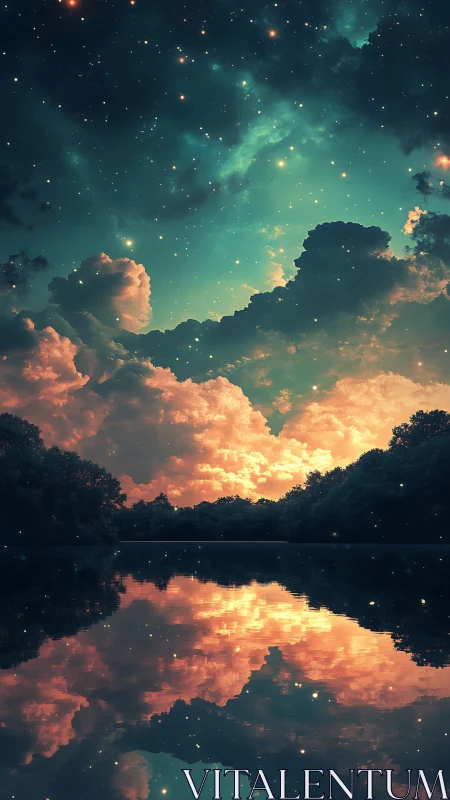 Starlit cloudscape mirrored over tranquil forest lake at dusk.