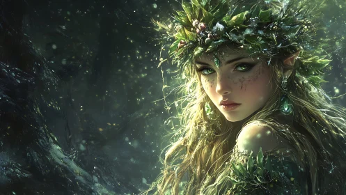 Forest spirit with emerald eyes in shimmering starlit glade.