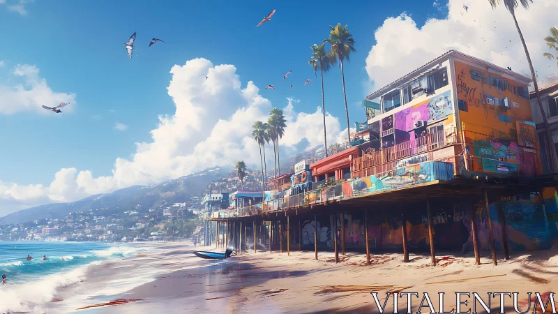 Colorful stilted beach houses overlook vivid tropical shoreline