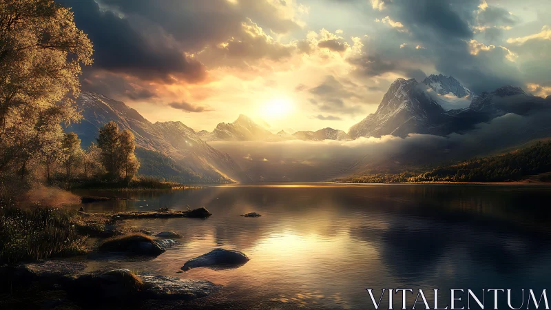 Sunrise crowns misty mountains over a mirror-still lake.