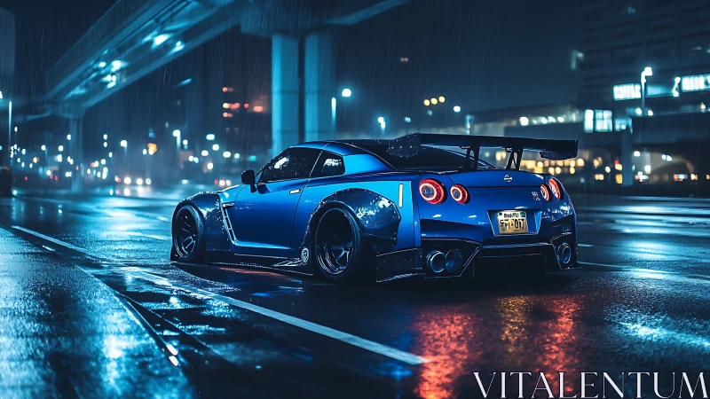 Midnight blue street missile hums under neon rainlight glow