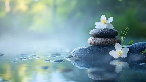Zen stones and white flowers by tranquil water, nature-inspired calm.