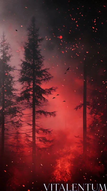 Forest Ablaze in Red Embers and Smoke.