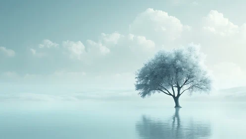 Serene Lone Tree in Misty Water, Dreamlike Minimalist Landscape.