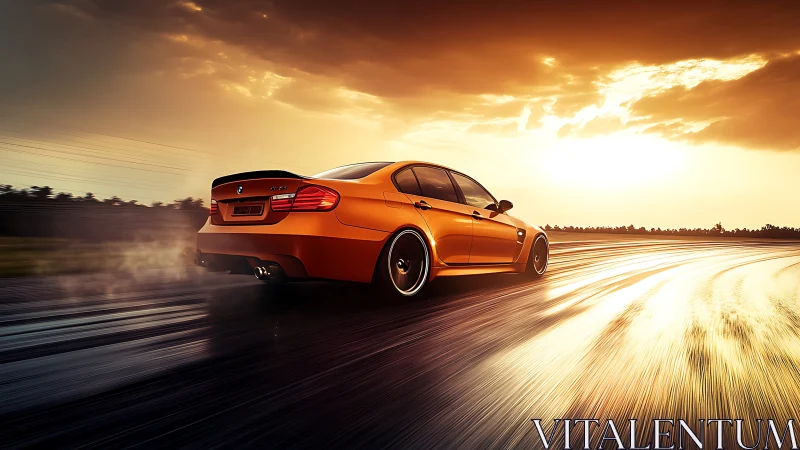 Orange performance sedan accelerates across wet track at sunset