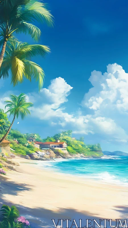 Tropical Coastal Villa with Palm Fronds, Blue Sky, and Turquoise Oceanic Waters