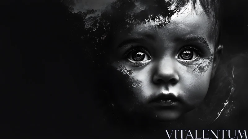 High contrast monochrome portrait of child with abstract overlays.