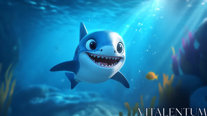 Cartoon baby shark rendered in high-gloss stylized 3D lighting