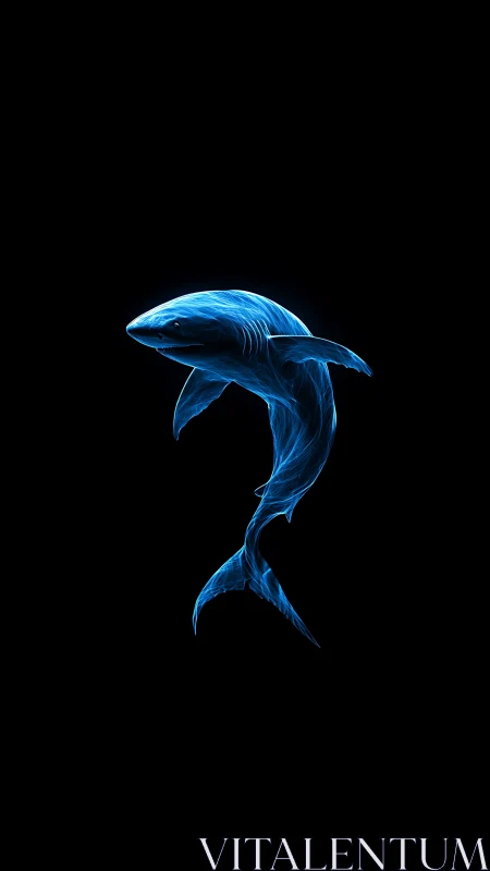 Luminous blue neon shark silhouette on deep black void background