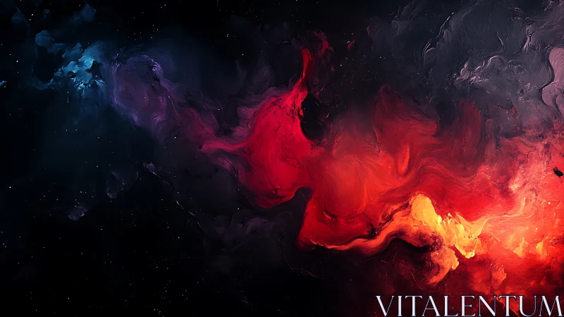 Glowing cosmic nebula swirling in rich red and violet hues.