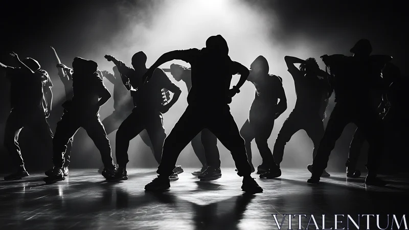 Street dance crew silhouette under harsh backlight.
