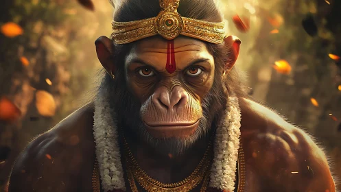 Majestic monkey warrior in golden light of a sacred forest.