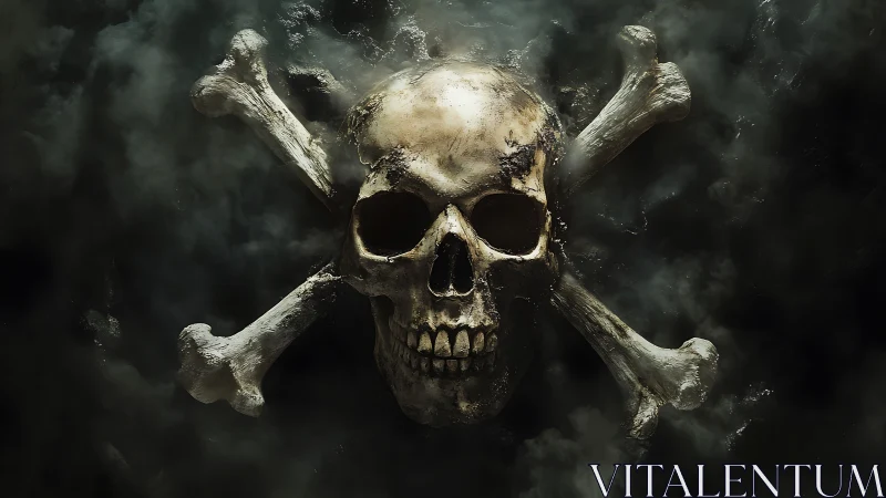 Human skull and crossbones symbol in dense dark smoke field.