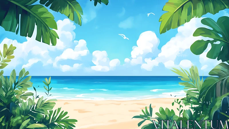 Tropical Paradise Beach Overlooking Turquoise Ocean Horizon