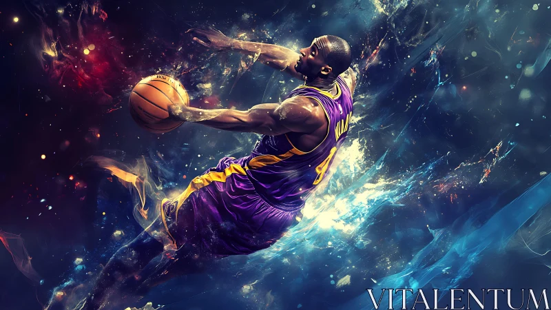 Soaring basketball star glides through glowing cosmic energy.