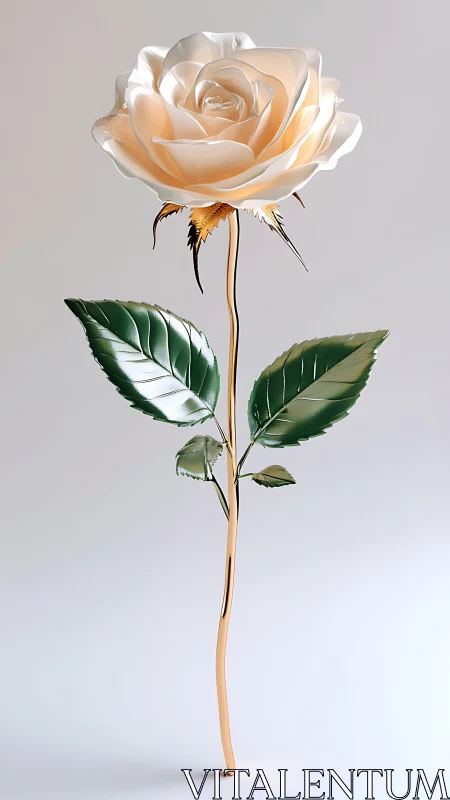 Metallic ivory rose sculpture with golden stem on soft gray.