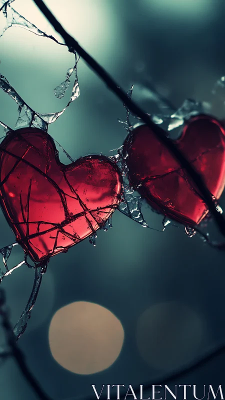 Frozen red heart forms intersect with ice crystals and branches.