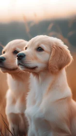 Golden retriever puppies in warm sunset field portrait.