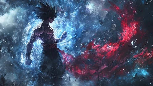 Heroic anime warrior rising through swirling cosmic power.