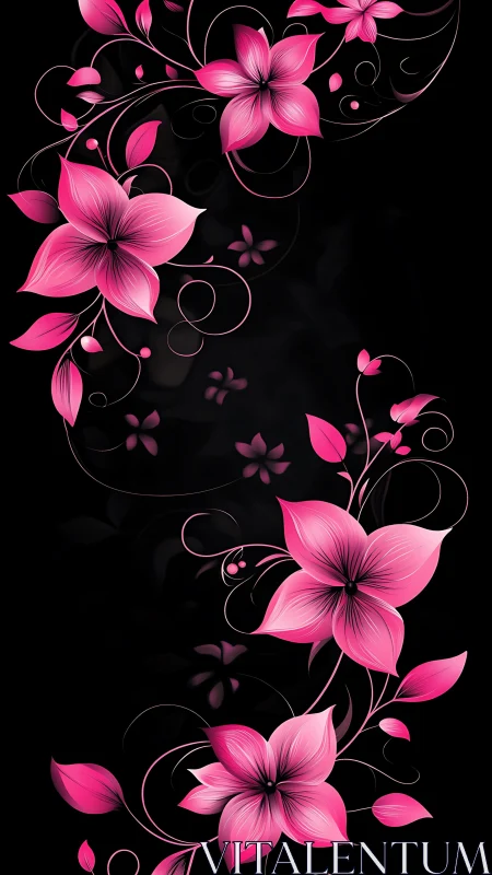 Vibrant Hot Pink Floral Arrangements Against Deep Black Background Composition