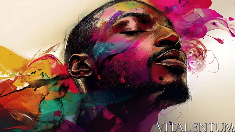 Chromatic portrait of serene man with fluid abstract color plumes