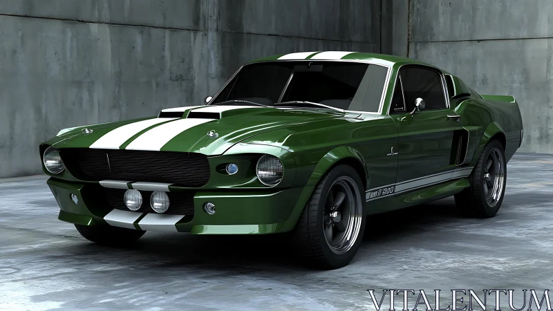 CGI-rendered vintage fastback muscle car in studio bay.