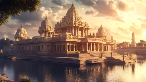 Sunlit riverside temple complex in serene golden haze.