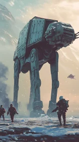 Colossal snow walker strides through a frozen battlefront.