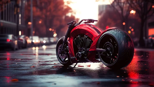 Red custom motorcycle on wet urban street at dusk.