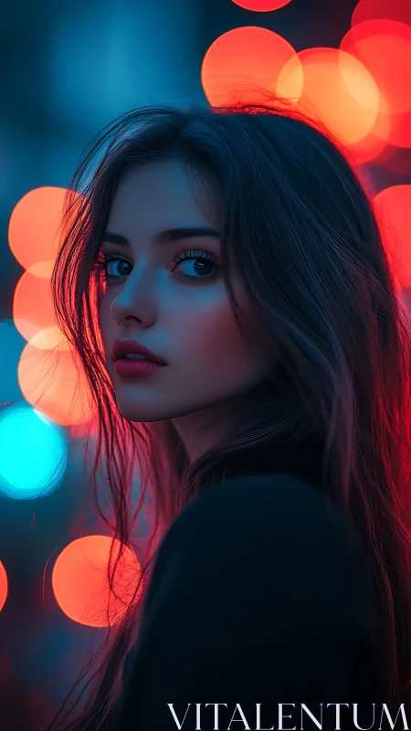 Neon-soaked silence lingers around a citylit midnight gaze