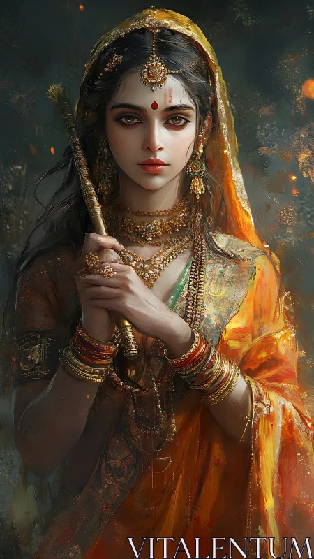 Ornate digital portrait of regal woman with ritual staff.