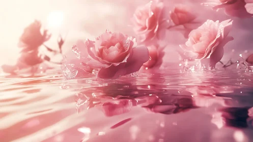 Pink roses positioned at water's edge with reflective surface.