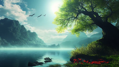 Backlit lakeside tree over misty mountains and tranquil water.