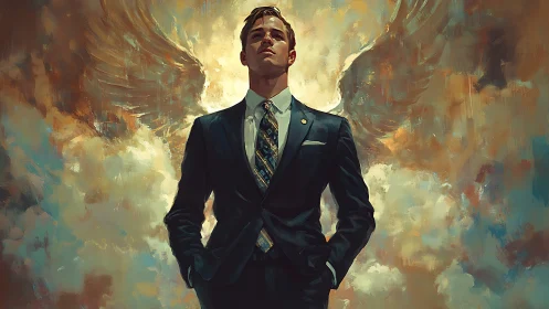 Angel-winged businessman stands within glowing storm clouds.