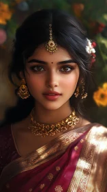 Radiant South Asian portrait in ornate bridal sari attire.