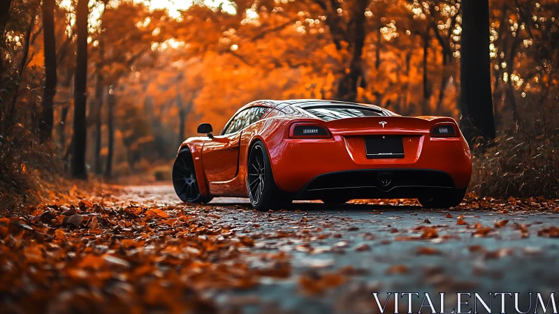 Electric sports car glows in a cinematic autumn forest road